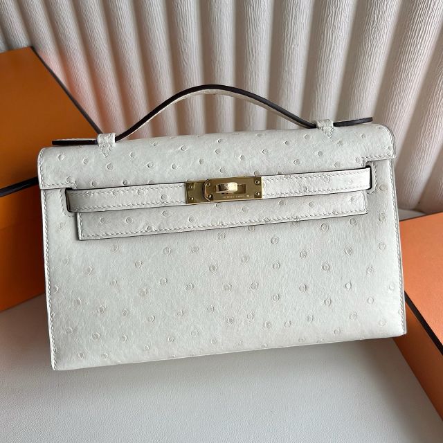 Hermes handmade genuine ostrich leather mini kelly 22 clutch K220
