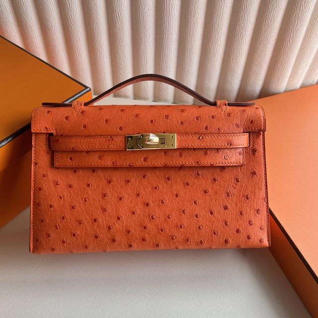 Hermes handmade genuine ostrich leather mini kelly 22 clutch K220