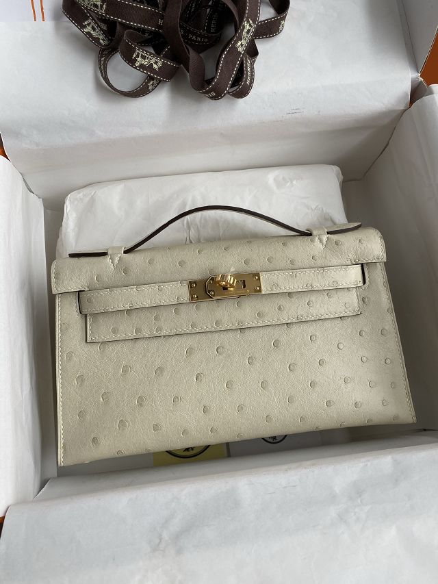 Hermes handmade genuine ostrich leather mini kelly 22 clutch K220