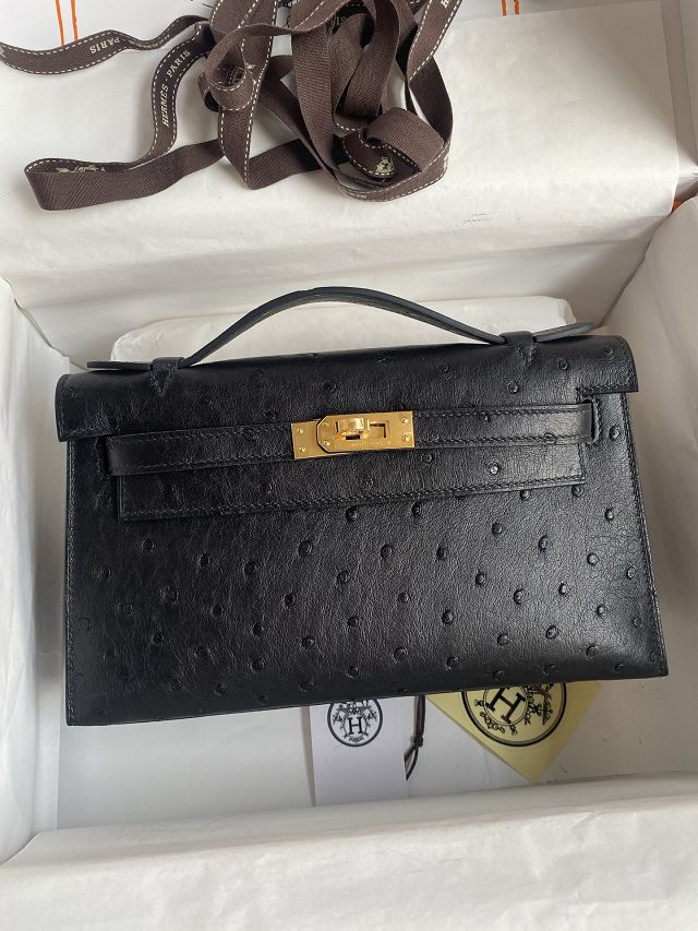 Hermes handmade genuine ostrich leather mini kelly 22 clutch K220