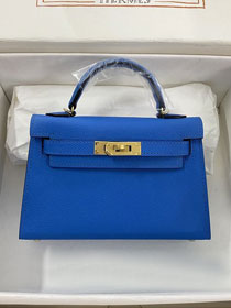 Hermes original epsom leather mini kelly 19 bag K0019 blue hydra