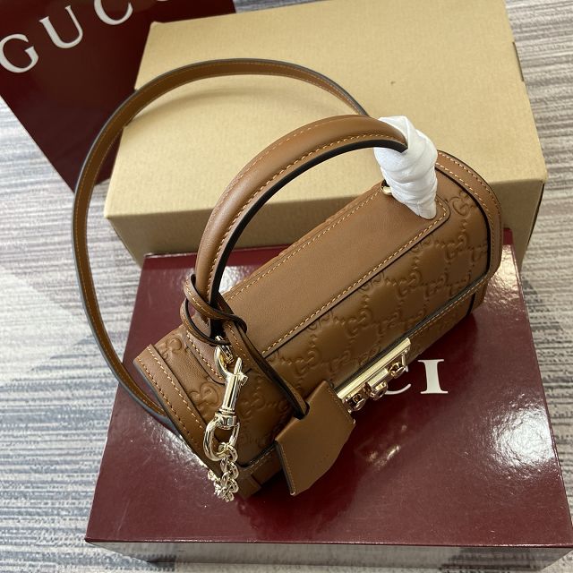 GG original calfskin padlock small top handle bag 838999 brown