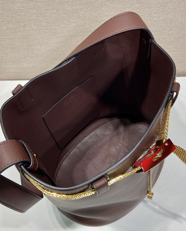 Prada original calfskin bucket bag with jeweled belt 1BE085 burgundy