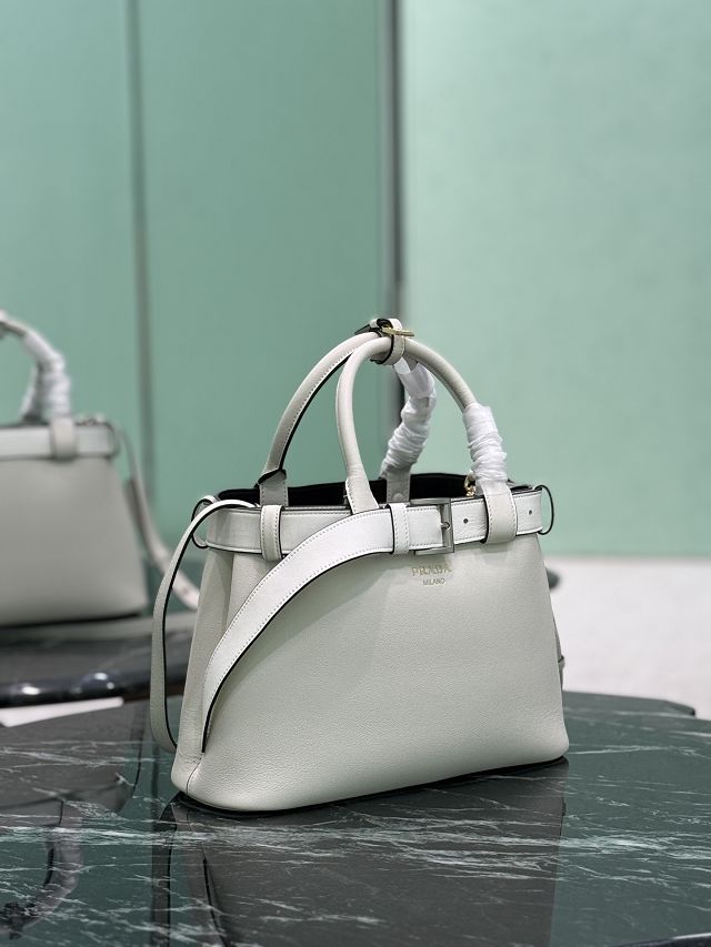 Prada original calfskin tote bag with belt 1BA434 white