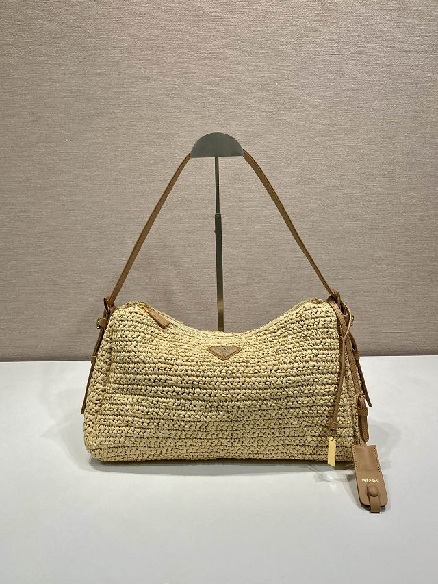 Prada original raffia aimee large crochet bag 1BC246 beige