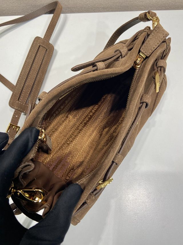 Prada original suede bonnie small shoulder bag 1BH215 brown