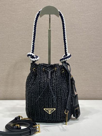 Prada original raffia mini crochet bucket bag 1BE068 black