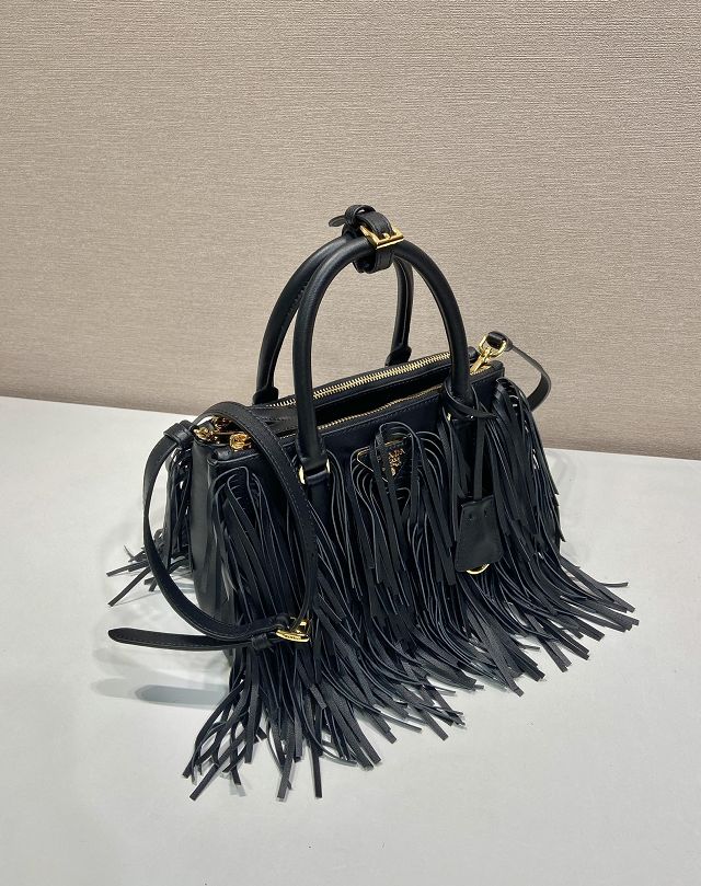 Prada original soft calfskin galleria small bag with fringe 1BA896 black