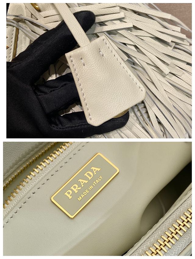 Prada original soft calfskin galleria small bag with fringe 1BA896 white