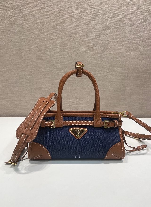 Prada original denim bonnie mini tote bag 1BA486 blue&brown