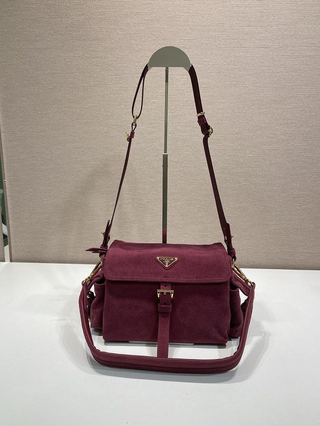Prada original suede explore medium shoulder bag 1BD394 burgundy