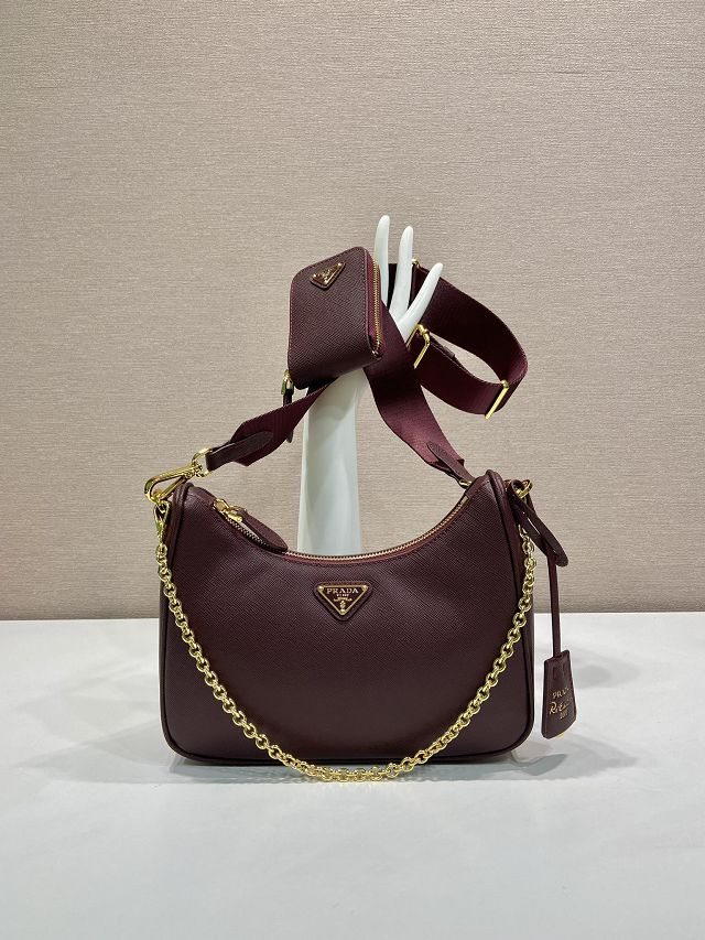 Prada original saffiano calfskin re-edition 2005 hobo bag 1BH204 burgundy