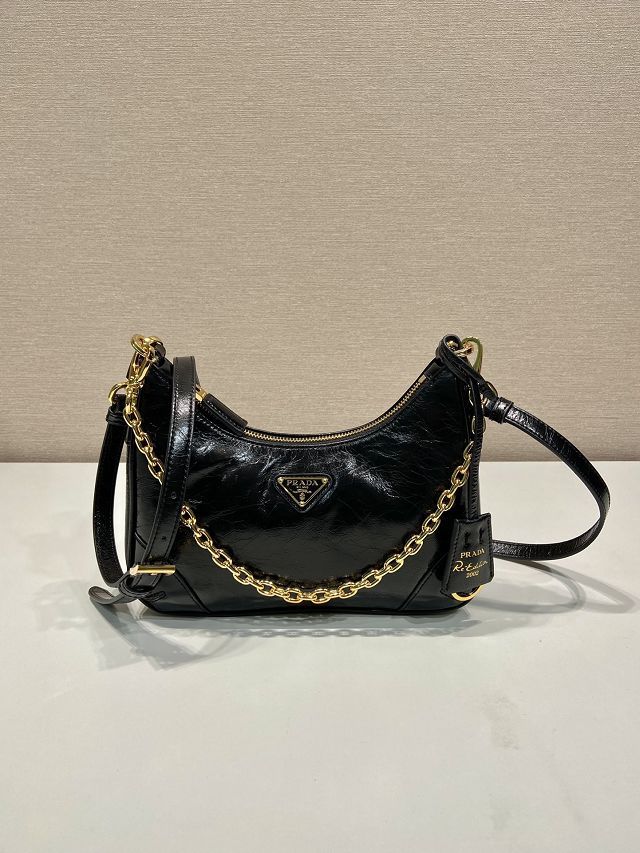 Prada original shiny calfskin re-edition mini bag 1BC204B black