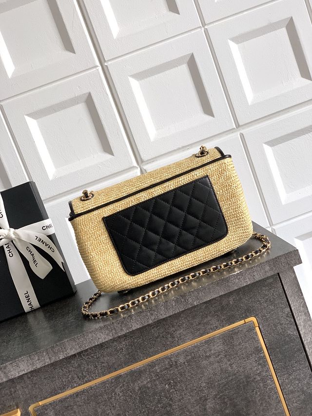 CC original straw medium flap bag AS6018 beige&black