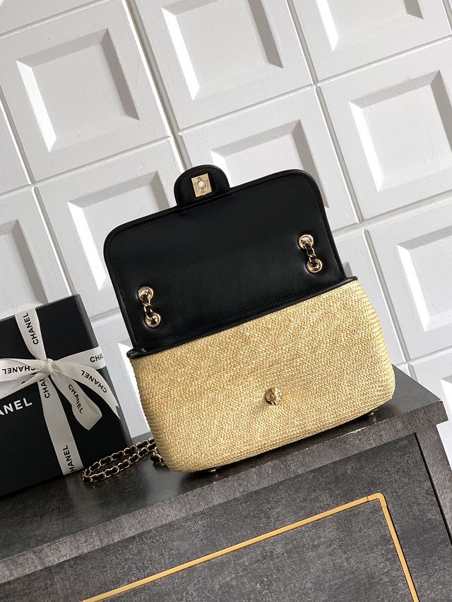 CC original straw medium flap bag AS6018 beige&black