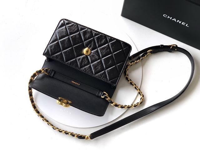 CC original shiny calfskin clutch with chain AS5618 black