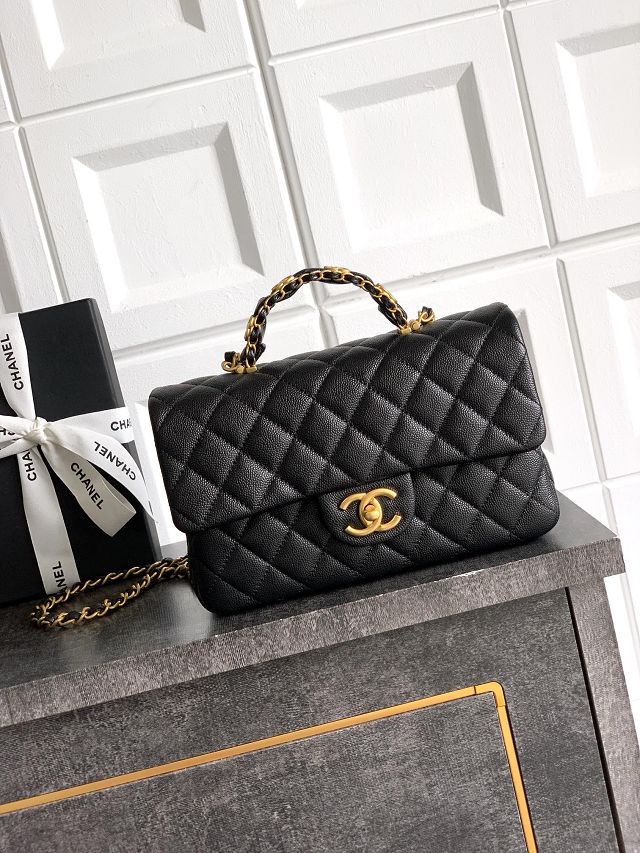 CC original grained calfskin top handle flap bag AS5702 black